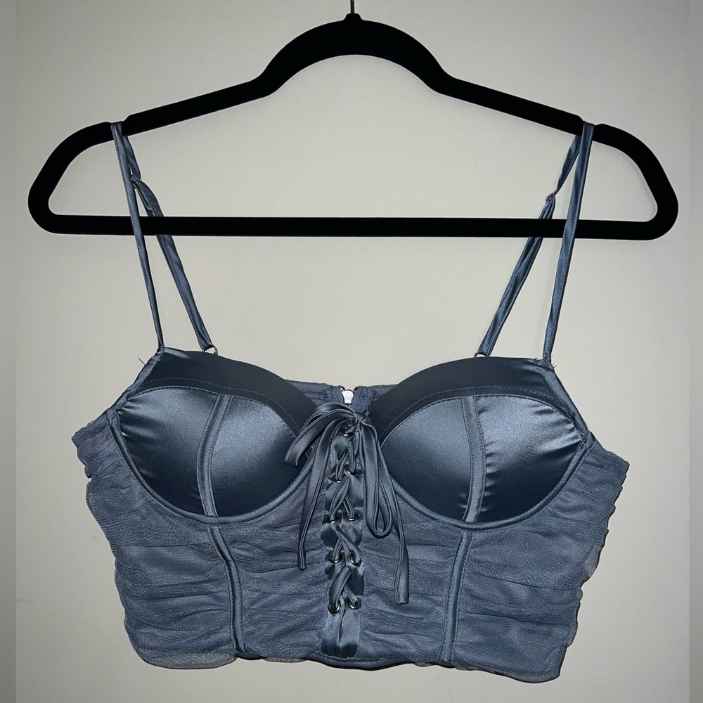 Elegant Baby Blue Satin Lace-Up Bustier Crop Top